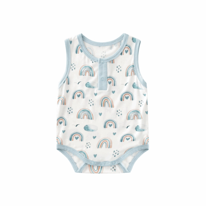Baby Baby Ropmer Bamboo Bamboo Bodysuit bamboo onesie Bodysuit Google Sale SS2023 Bamboo Henley Sleeveless Bodysuit || Blue Rainbow Isla + Bo