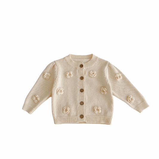 Baby Baby Cardigan Cardigan Google knit cardigan knits Mini SS2023 POS Sale SS2023 Sweater Toddler Toddler Cardigan Flower Pop Knit Cardigan || Cria Wool White Isla + Bo