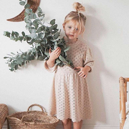 Pointelle Cinched Girls Dress || Ivory