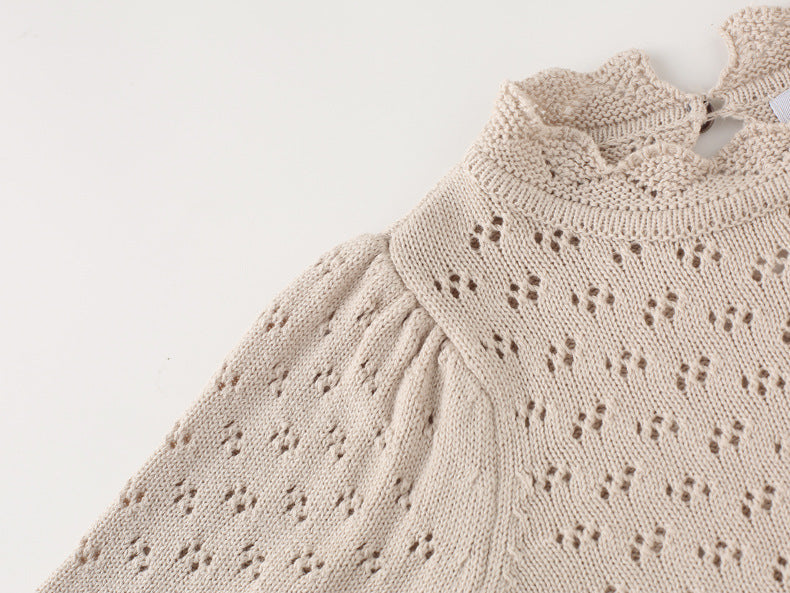 Long Sleeve Pointelle Knit Sweater | Champagne- CLEARANCE