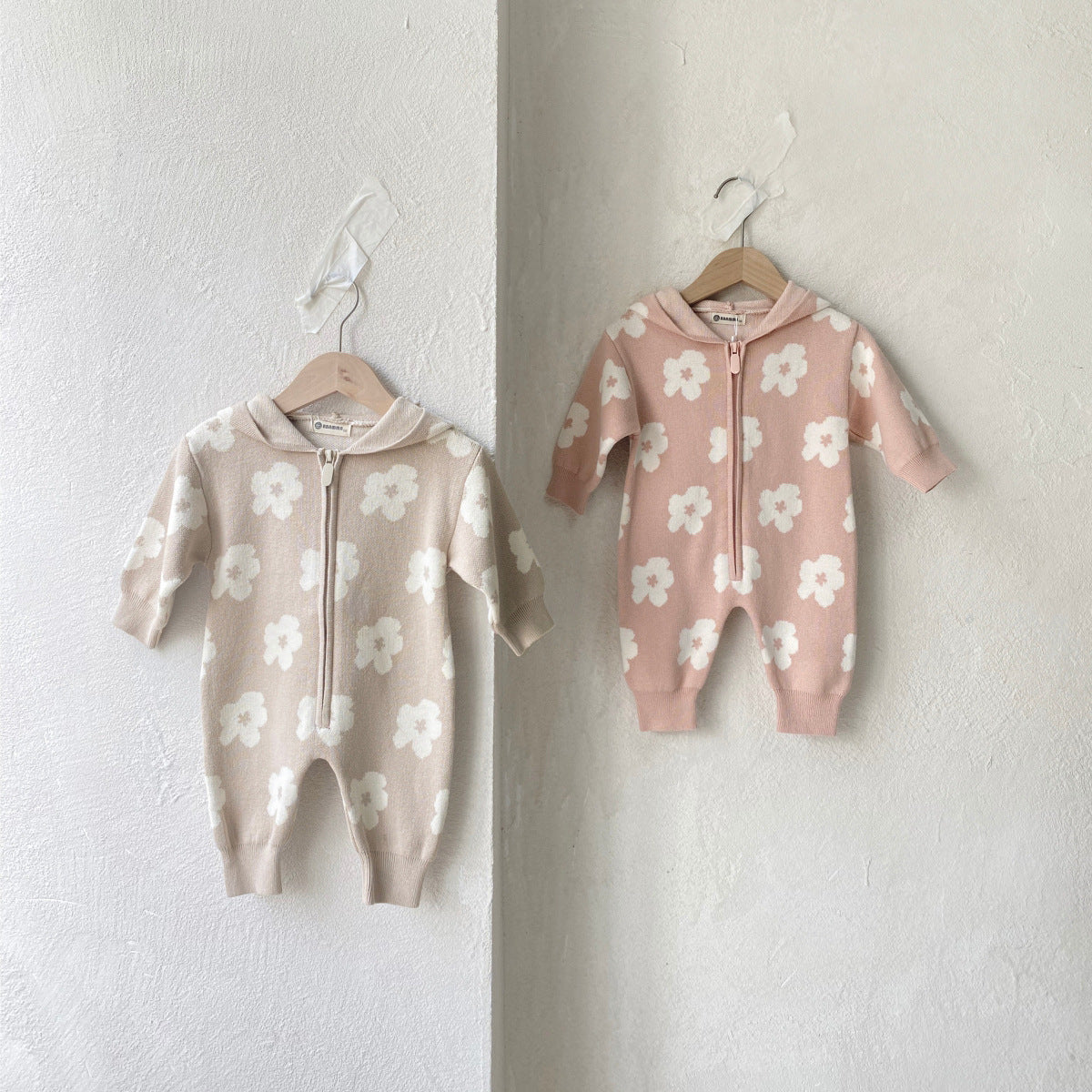 Floral Knit Hooded Baby Jumpsuit | Cozy Zip-Up One-Piece- CLEARANCE