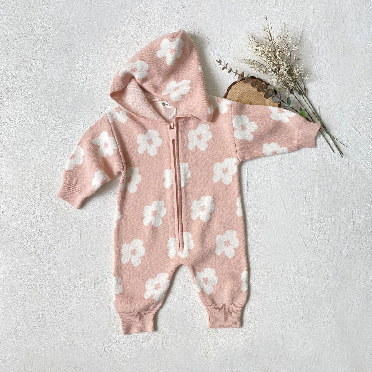 Floral Knit Hooded Baby Jumpsuit | Cozy Zip-Up One-Piece- CLEARANCE