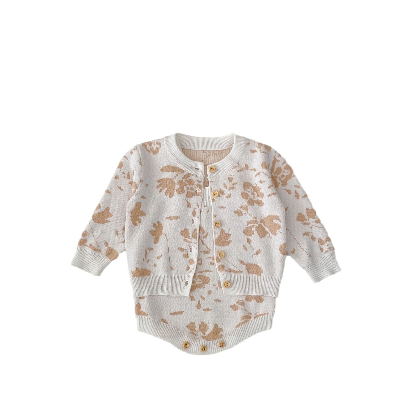 Jacquard Knit Baby Romper & Cardigan Set | Whispering Leaves Print- CLEARANCE