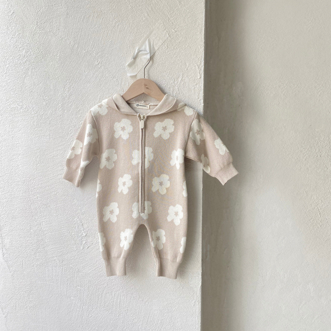 Floral Knit Hooded Baby Jumpsuit | Cozy Zip-Up One-Piece- CLEARANCE