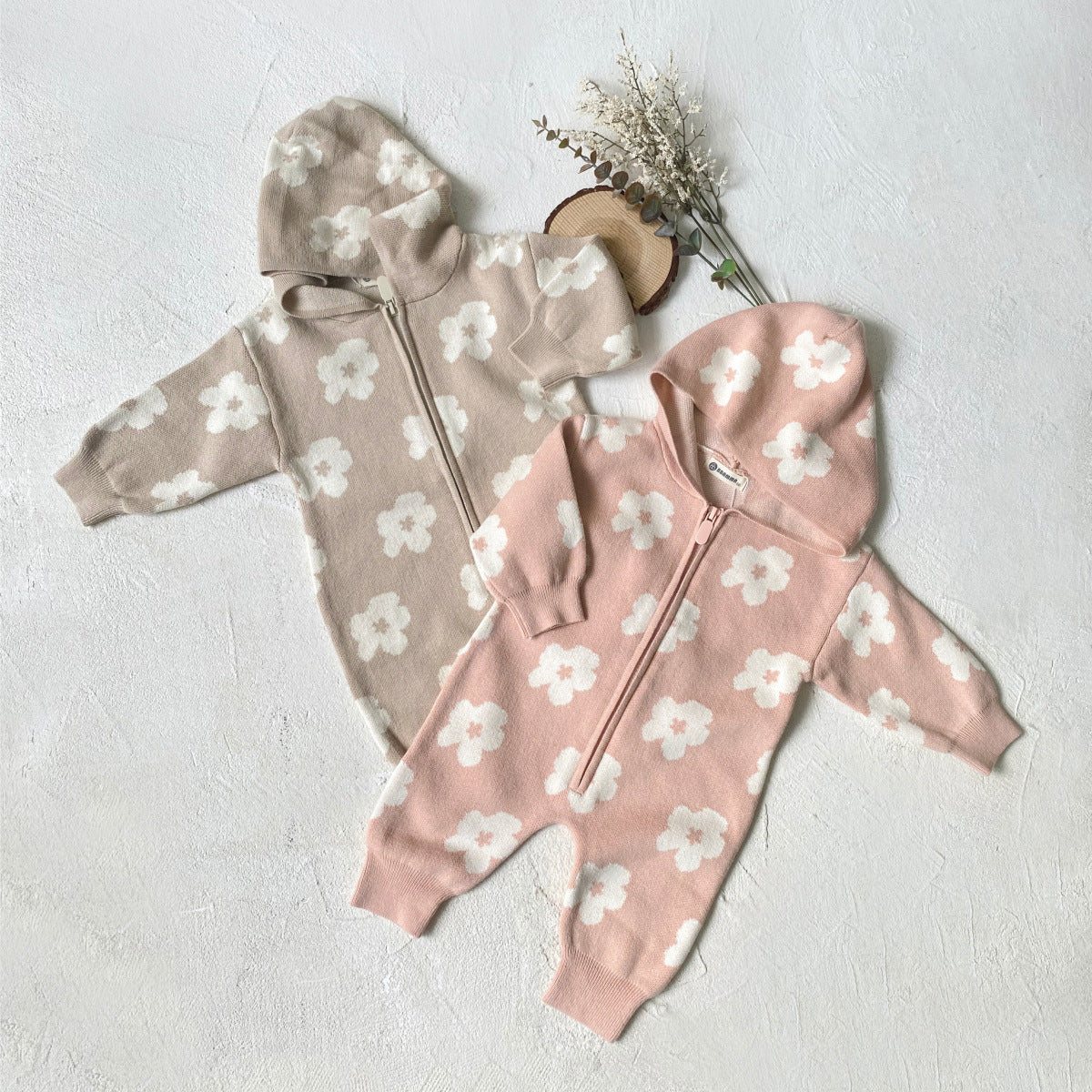 Floral Knit Hooded Baby Jumpsuit | Cozy Zip-Up One-Piece- CLEARANCE