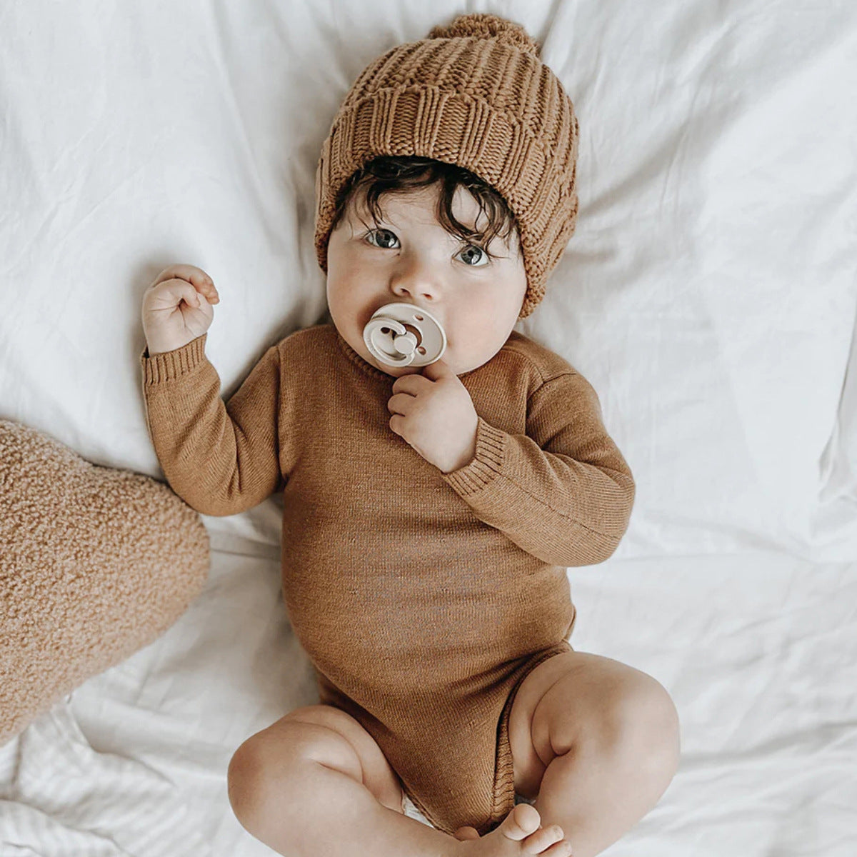 Long Sleeve Knit Bodysuit + Pom Pom Hat- CLEARANCE