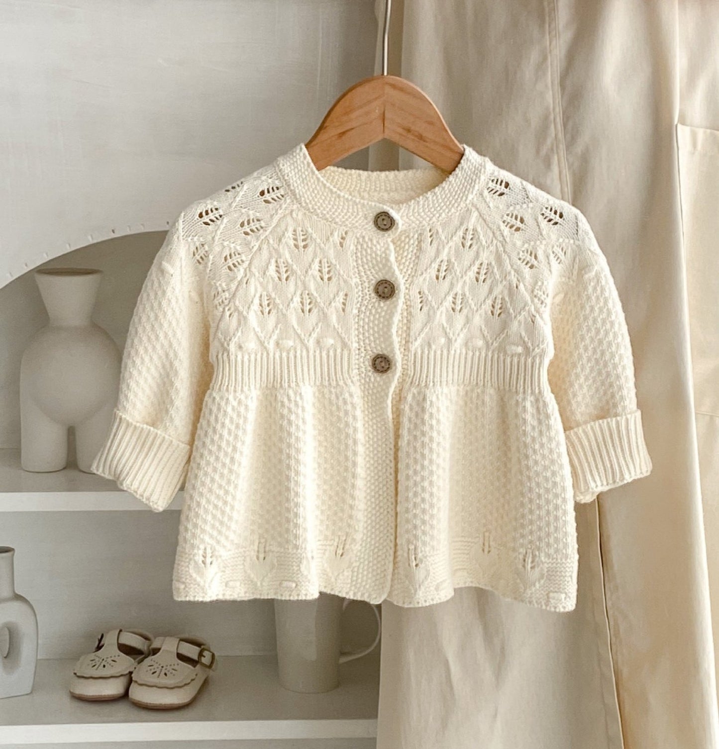 Baby Doll Knit Cardigan with Openwork Detail- CLEARANCE
