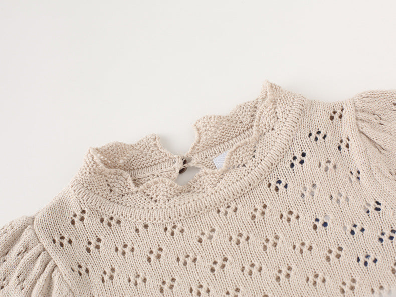 Long Sleeve Pointelle Knit Sweater | Champagne- CLEARANCE