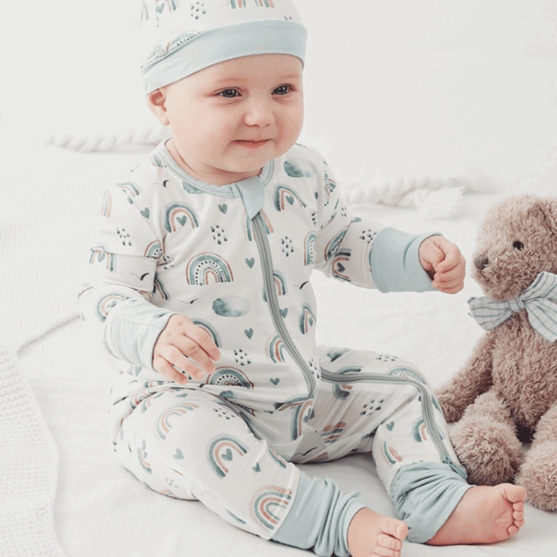 Baby Baby Sleeper Baby Zippy Bamboo Bamboo Pajamas Bamboo Zippy Blue Rainbow Print Google Mini SS2023 Sale SS2023 Zippy Zippys Bamboo Convertible Zippy || Blue Rainbow Isla + Bo