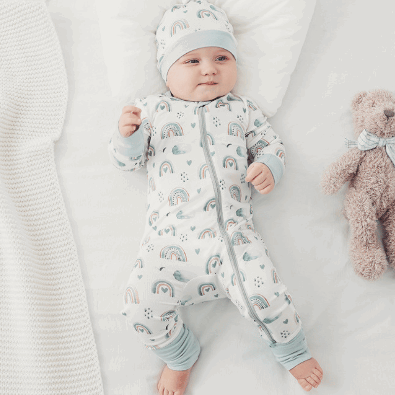 Baby Baby Sleeper Baby Zippy Bamboo Bamboo Pajamas Bamboo Zippy Blue Rainbow Print Google Mini SS2023 Sale SS2023 Zippy Zippys Bamboo Convertible Zippy || Blue Rainbow Isla + Bo