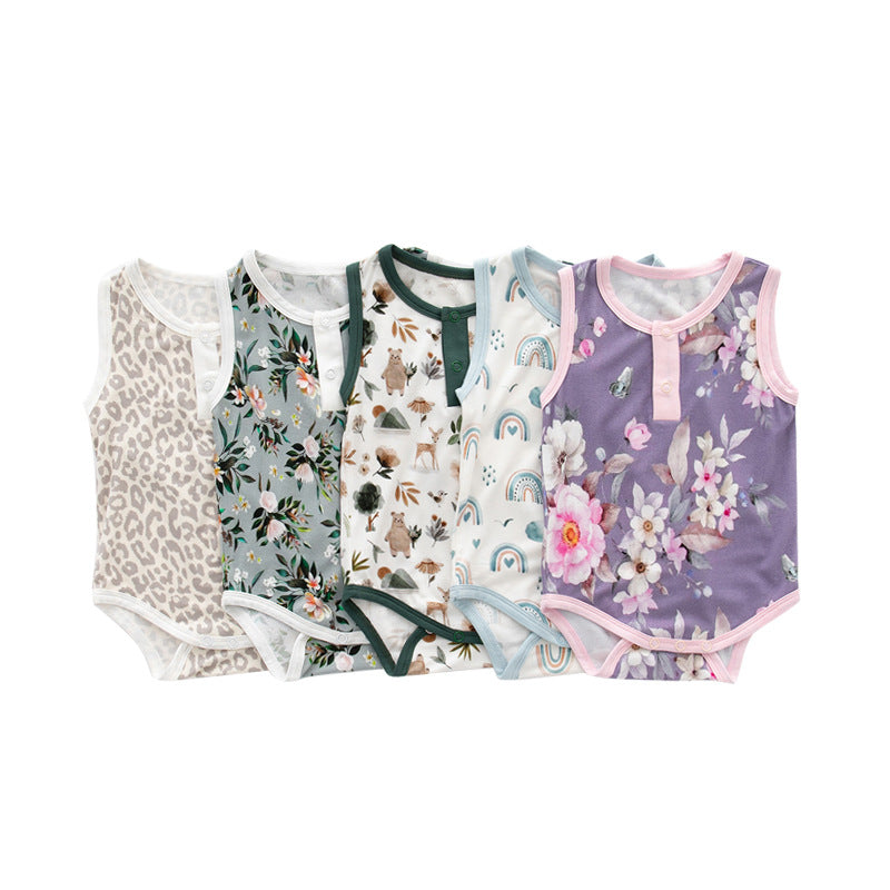 Baby Baby Ropmer Bamboo Bamboo Bodysuit bamboo onesie Bodysuit Google Sale SS2023 Bamboo Henley Sleeveless Bodysuit || Blue Rainbow Isla + Bo