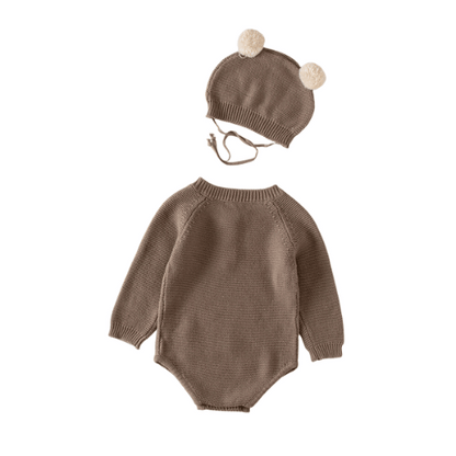 Cozy Knit Romper + Bear Hat Set || Khaki