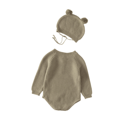 Cozy Knit Romper + Bear Hat Set || Khaki
