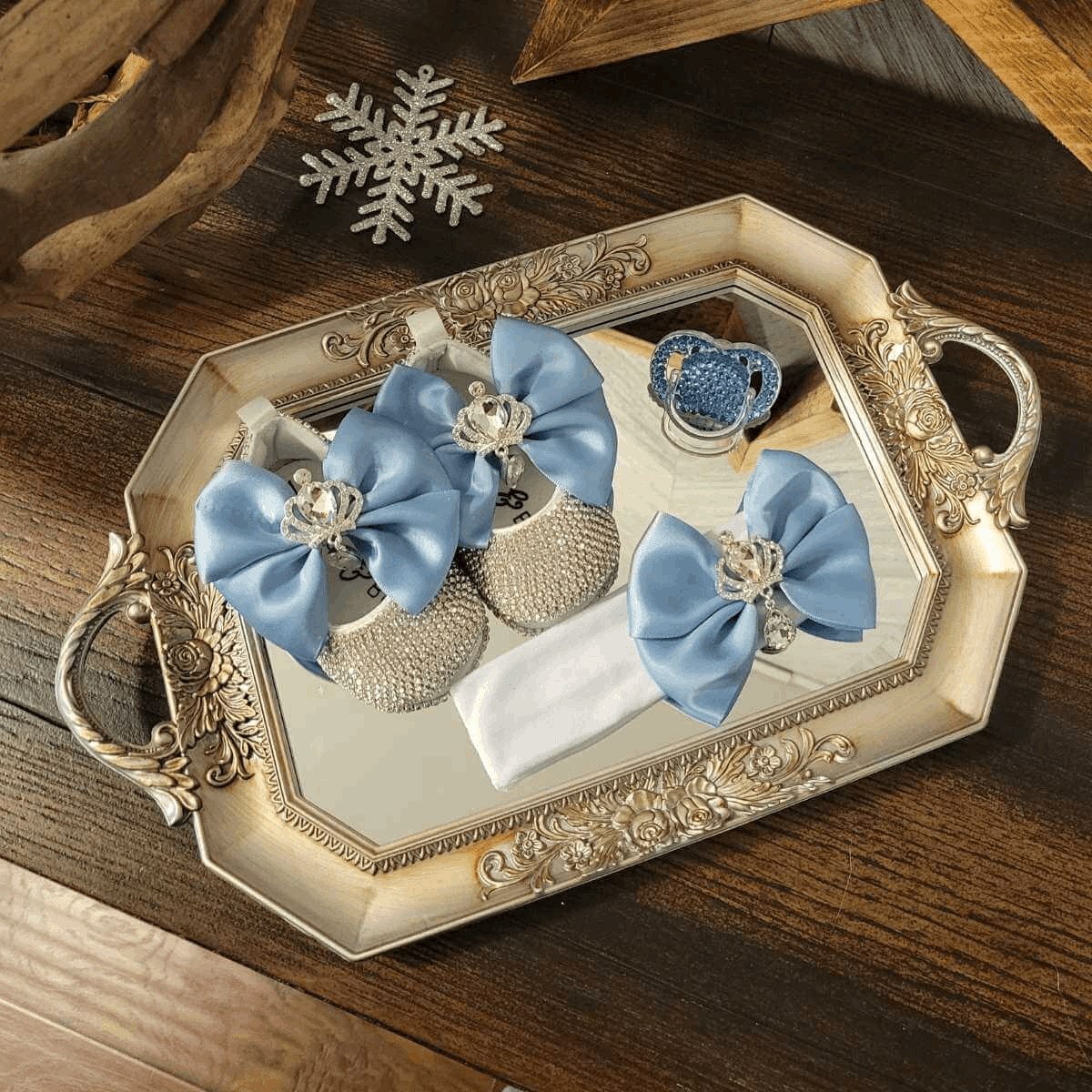 Blue Belle Enchanted Crystal Baby Shoes, Bow & Pacifier Gift Set - Isla + Bo