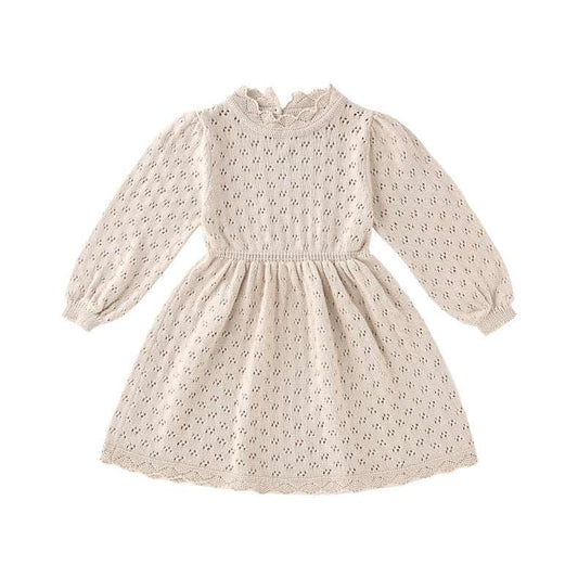 Pointelle Cinched Girls Dress || Ivory