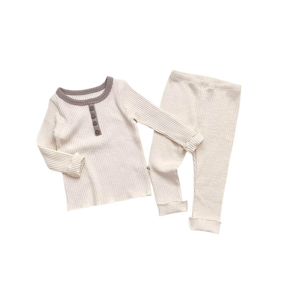 Ribbed Cotton Two-Piece Pajama Set - Henley Top- CLEARANCE