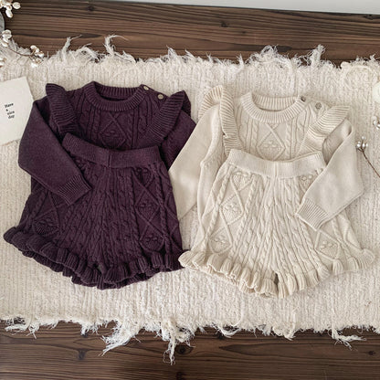 2-Piece Cable Knit Ruffle Set - Cozy Sweater & Frill Hem Shorts