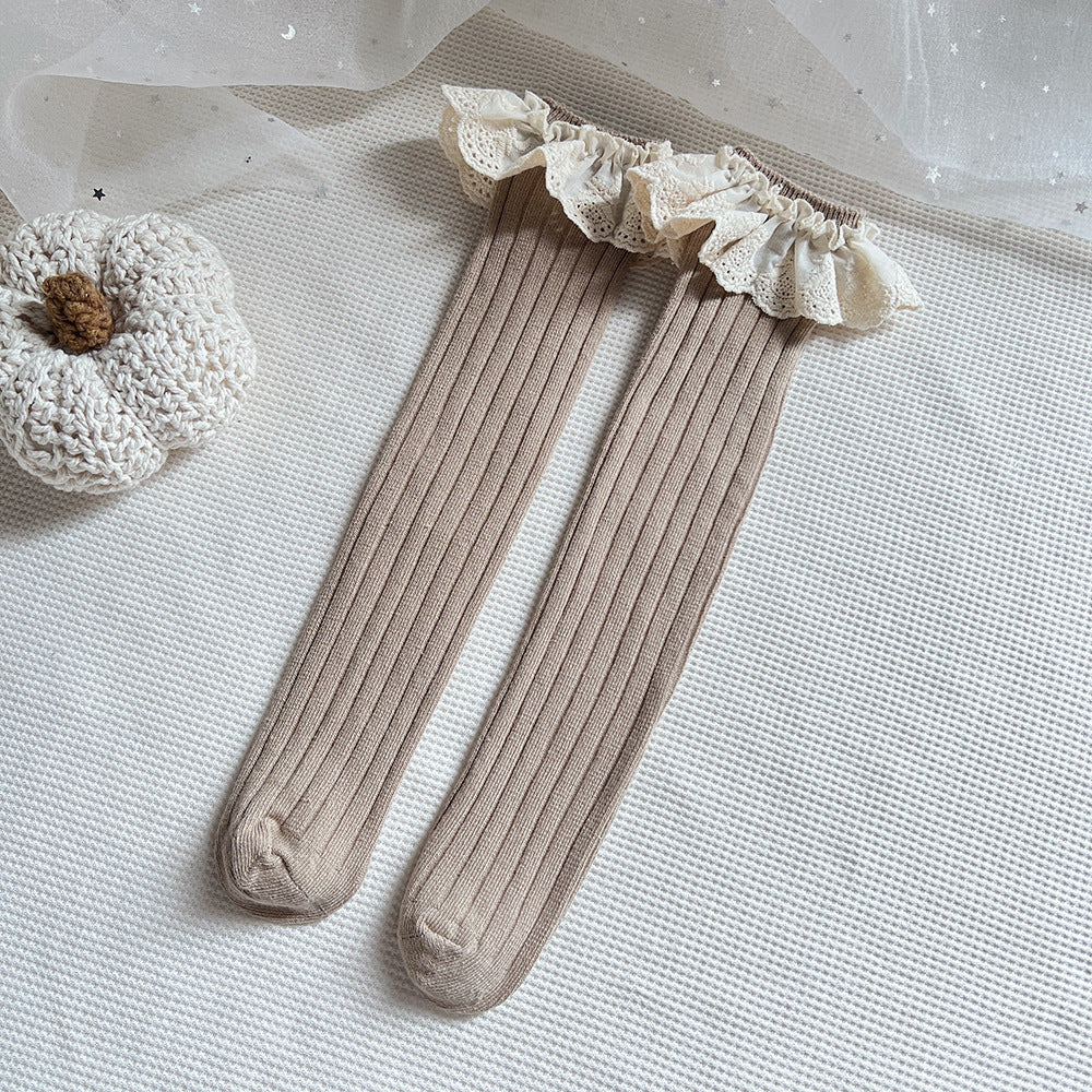 Combed Cotton Baby Socks with Lace Trim - One Size