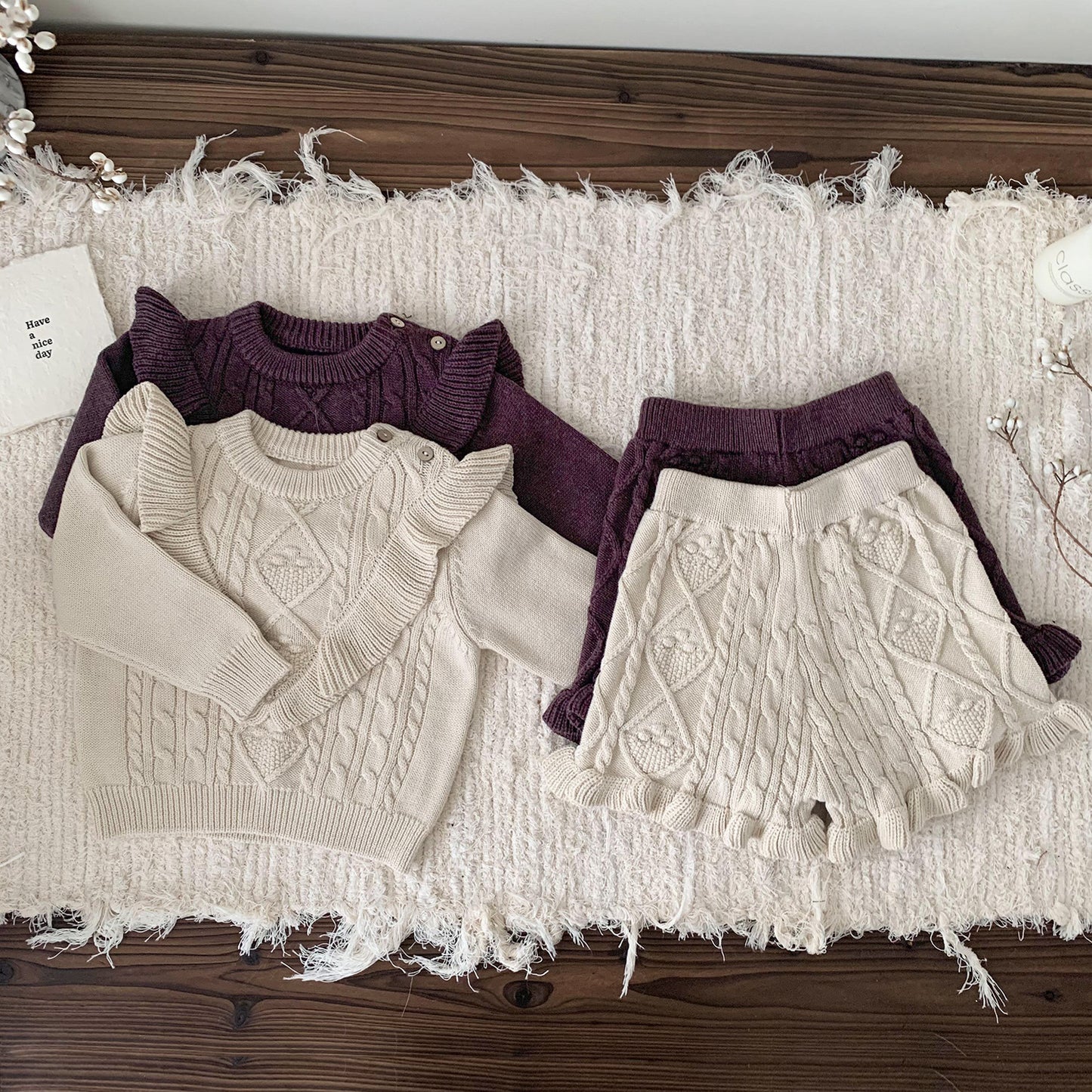 2-Piece Cable Knit Ruffle Set - Cozy Sweater & Frill Hem Shorts