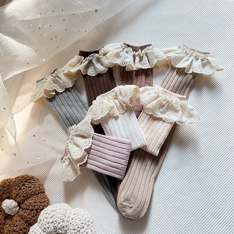 Combed Cotton Baby Socks with Lace Trim - One Size