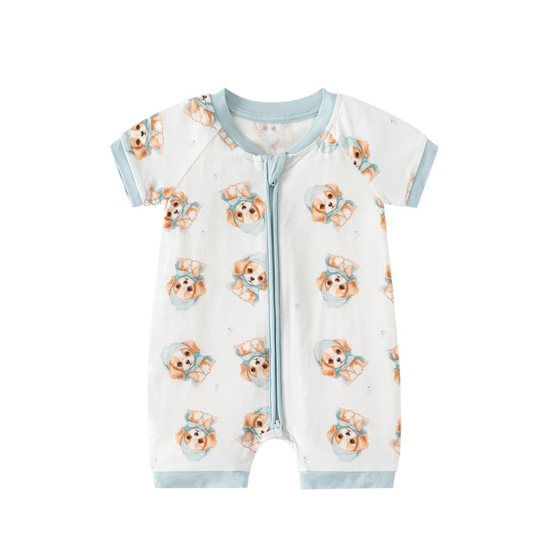 Baby baby boy romper baby girl romper bamboo baby romper breathable baby clothes cute baby romper durable baby clothes easy diaper change romper Google infant romper Isla + Bo lightweight baby romper machine washable baby outfit new playful puppy print short sleeve baby romper soft baby clothes summer baby outfit zipper romper Bamboo Shorty Romper - Playful Pink Puppy Print Isla + Bo