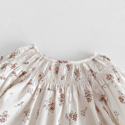 Antique Floral Cotton Linen Ruffle Hem Dress