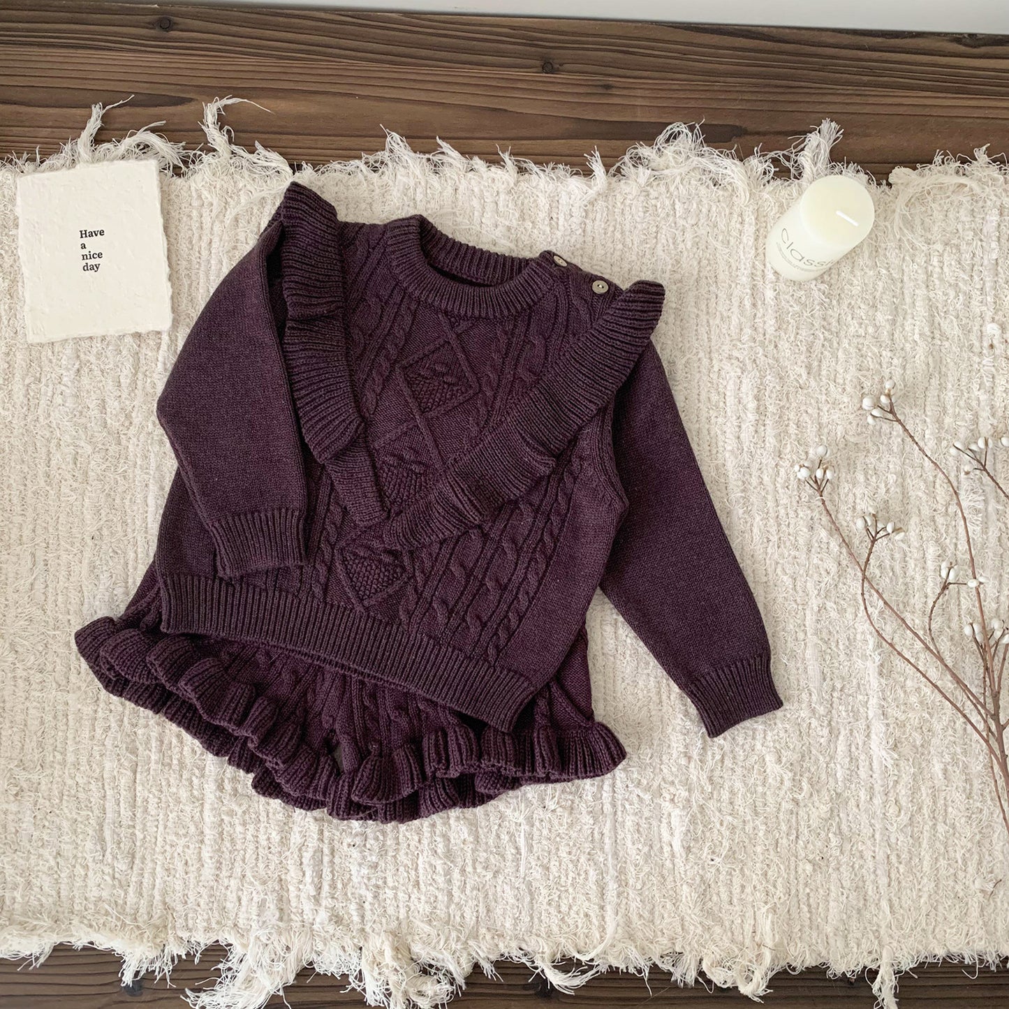 2-Piece Cable Knit Ruffle Set - Cozy Sweater & Frill Hem Shorts