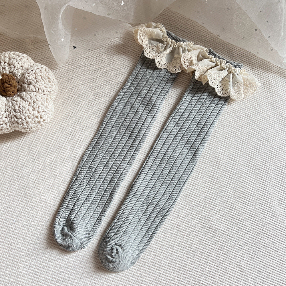 Combed Cotton Baby Socks with Lace Trim - One Size