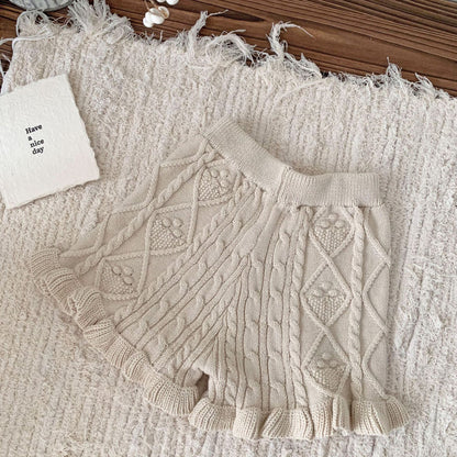 2-Piece Cable Knit Ruffle Set - Cozy Sweater & Frill Hem Shorts