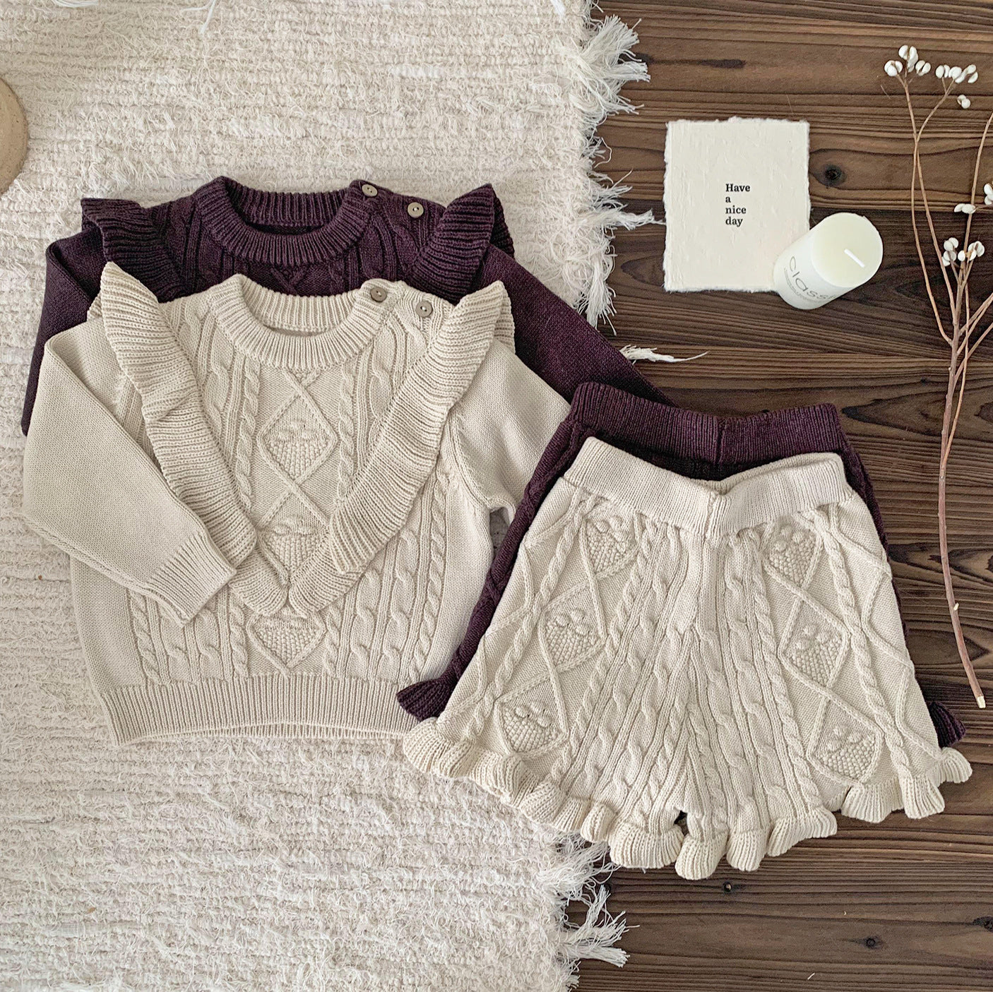 2-Piece Cable Knit Ruffle Set - Cozy Sweater & Frill Hem Shorts