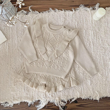 2-Piece Cable Knit Ruffle Set - Cozy Sweater & Frill Hem Shorts