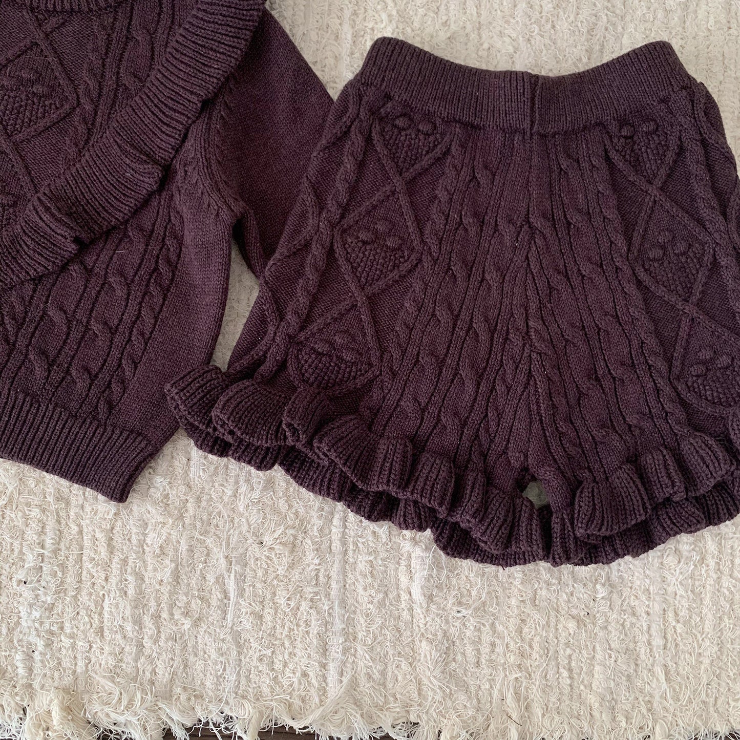 2-Piece Cable Knit Ruffle Set - Cozy Sweater & Frill Hem Shorts