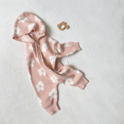 Floral Knit Hooded Baby Jumpsuit | Cozy Zip-Up One-Piece