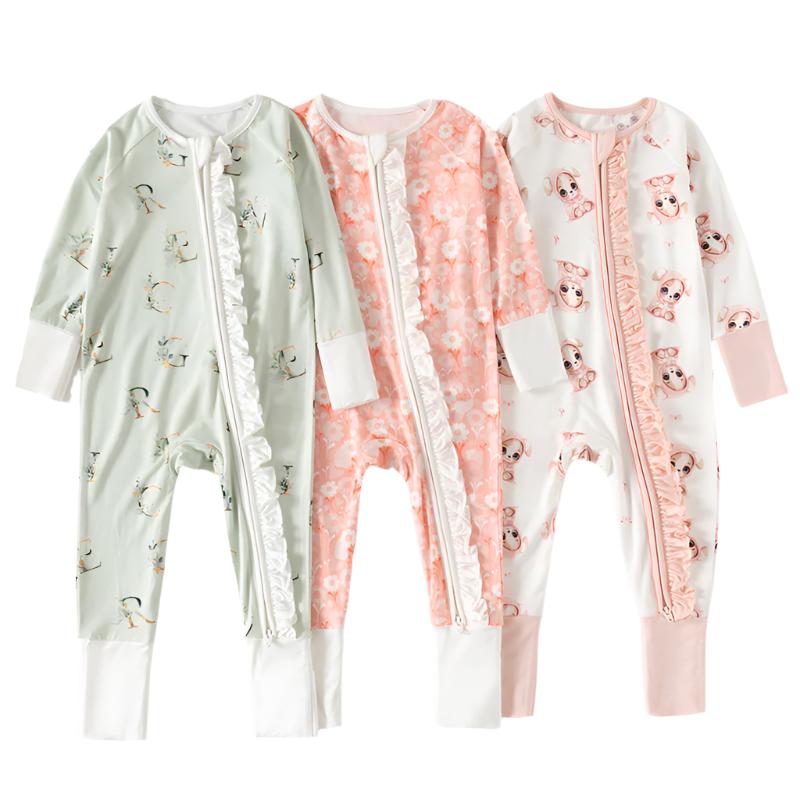 Convertible Bamboo Zippy Romper with Ruffles | Pink Playful Puppy