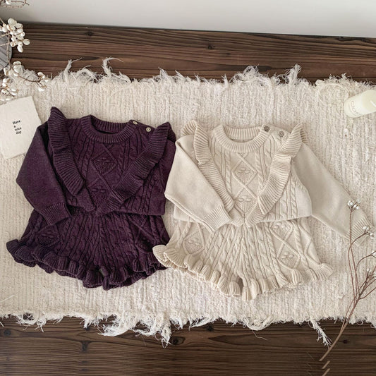 2-Piece Cable Knit Ruffle Set - Cozy Sweater & Frill Hem Shorts