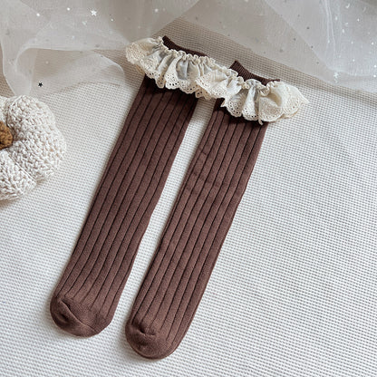 Combed Cotton Baby Socks with Lace Trim - One Size