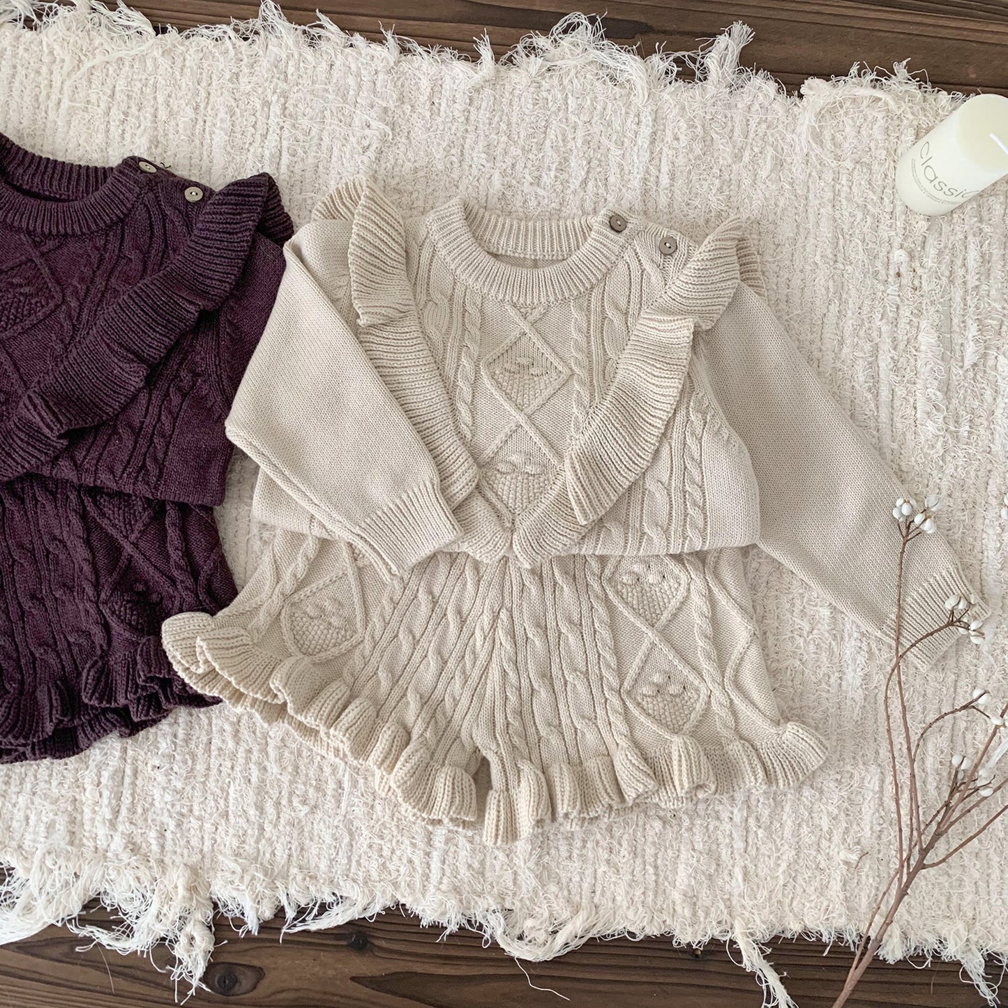 2-Piece Cable Knit Ruffle Set - Cozy Sweater & Frill Hem Shorts