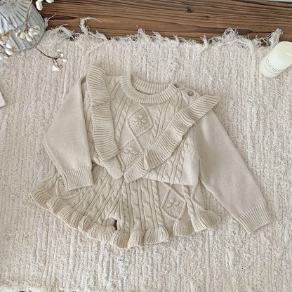 2-Piece Cable Knit Ruffle Set - Cozy Sweater & Frill Hem Shorts