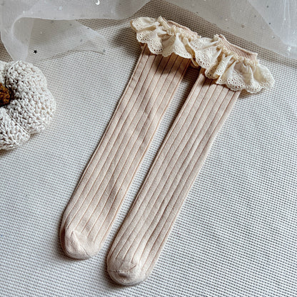 Combed Cotton Baby Socks with Lace Trim - One Size