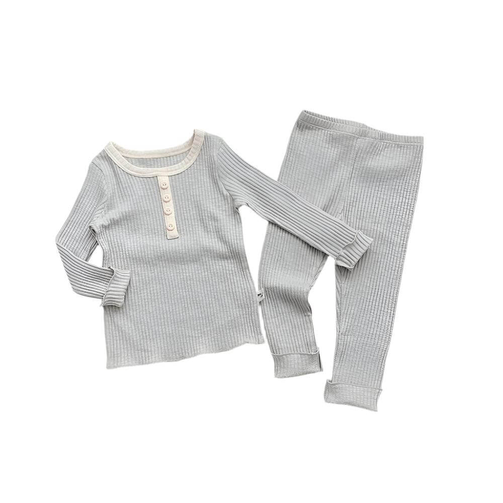 Ribbed Cotton Two-Piece Pajama Set - Henley Top- CLEARANCE