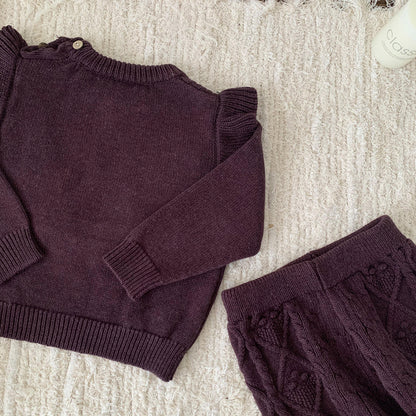 2-Piece Cable Knit Ruffle Set - Cozy Sweater & Frill Hem Shorts