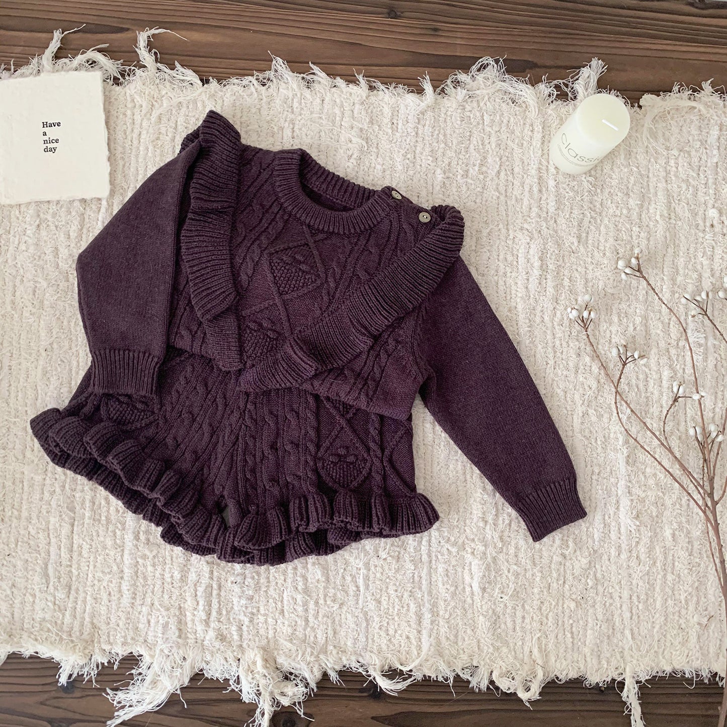 2-Piece Cable Knit Ruffle Set - Cozy Sweater & Frill Hem Shorts