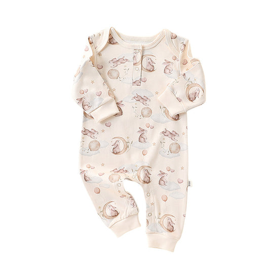 Long Sleeve Cotton Henley Romper | Bunny Jumped Over the Moon- CLEARANCE