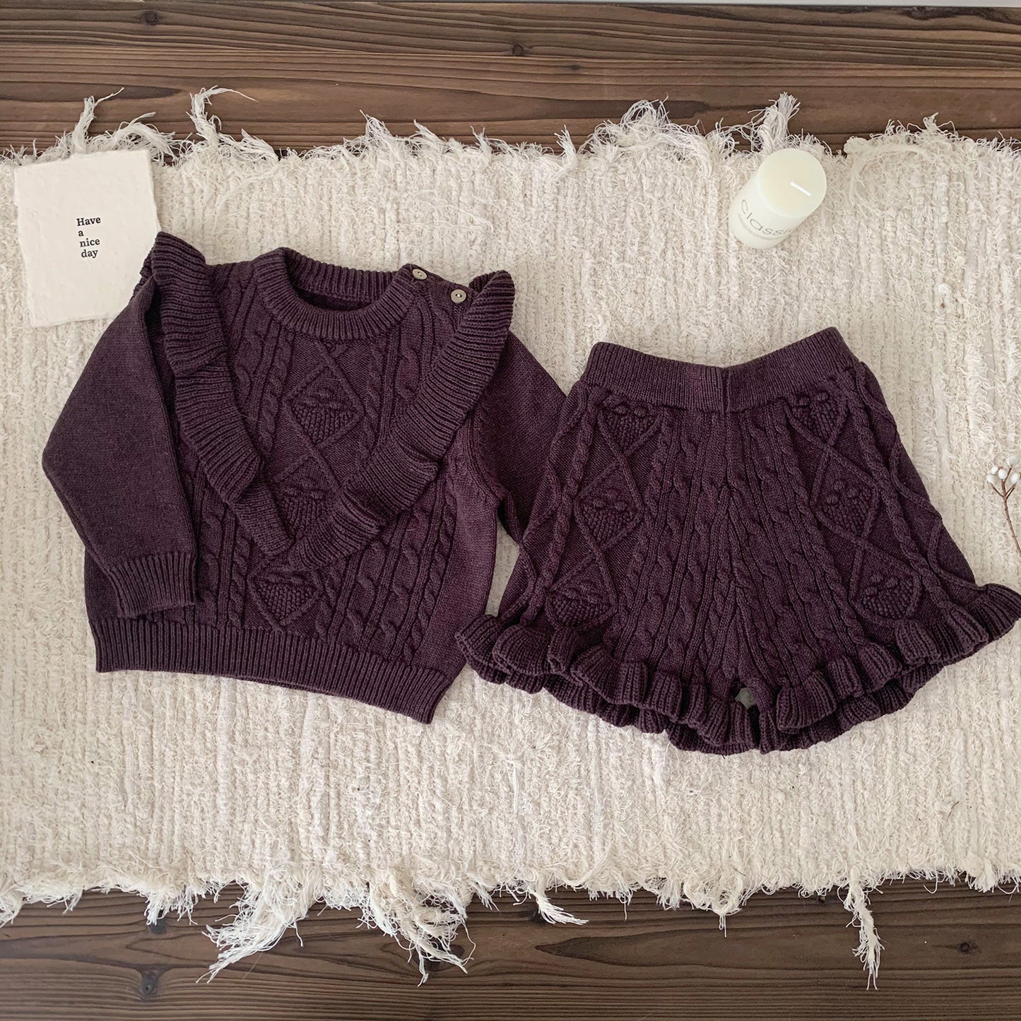 2-Piece Cable Knit Ruffle Set - Cozy Sweater & Frill Hem Shorts