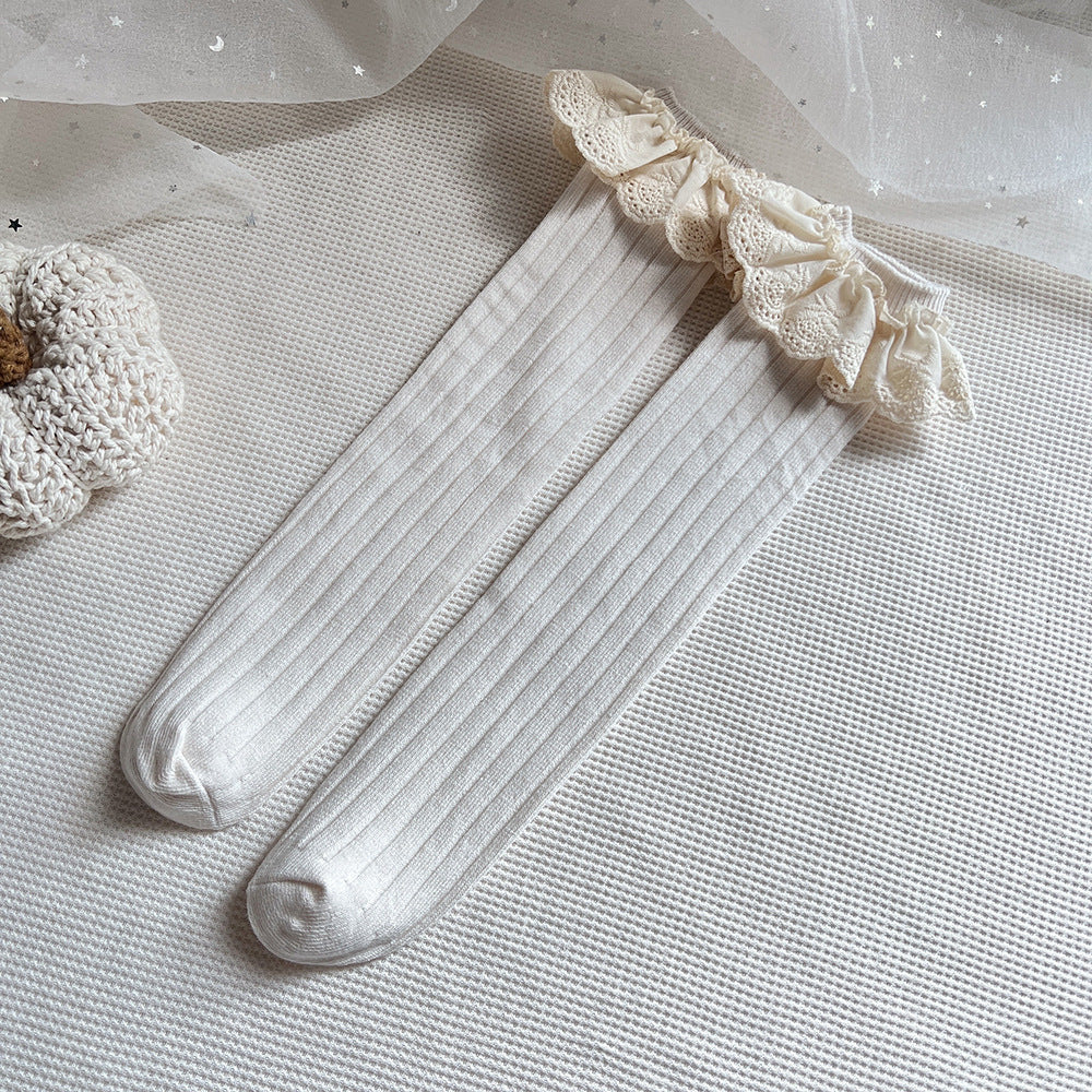 Combed Cotton Baby Socks with Lace Trim - One Size