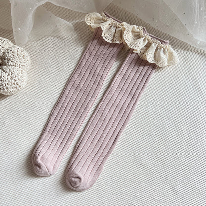 Combed Cotton Baby Socks with Lace Trim - One Size