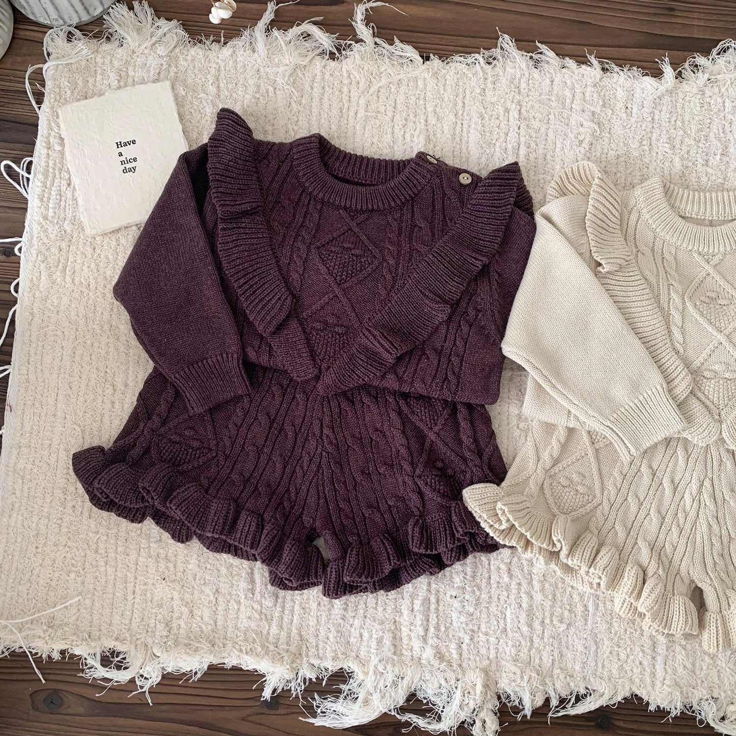 2-Piece Cable Knit Ruffle Set - Cozy Sweater & Frill Hem Shorts