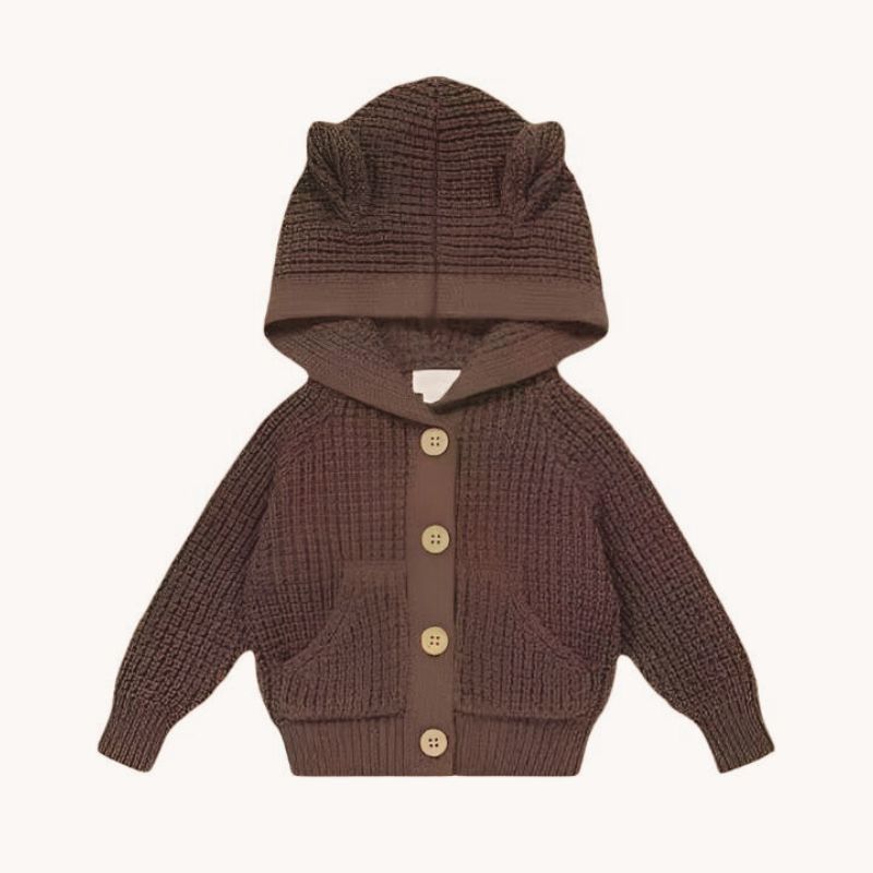 Baby Bear Hooded Knit Cardigan - Chocolate Brown