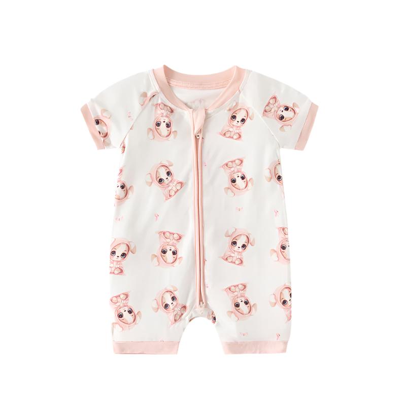 Baby baby boy romper baby girl romper bamboo baby romper breathable baby clothes cute baby romper durable baby clothes easy diaper change romper Google infant romper Isla + Bo lightweight baby romper machine washable baby outfit new playful puppy print short sleeve baby romper soft baby clothes summer baby outfit zipper romper Bamboo Shorty Romper - Playful Pink Puppy Print Isla + Bo